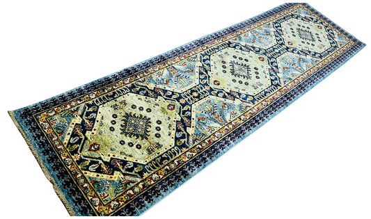 One of a Kind, Pure Wool, Naturally Dyed, Hand Knotted, Fine Afghan Traditional Chobi Runner Rug – 9’ 11’’ x 2’ 1’’