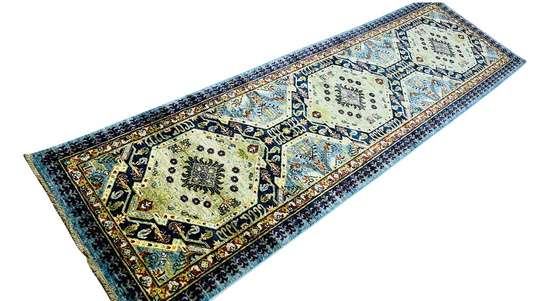 Pure Wool, Naturally Dyed, Hand Knotted, Fine Afghan Traditional Chobi Runner Rug - 9' 11'' x 2' 10''