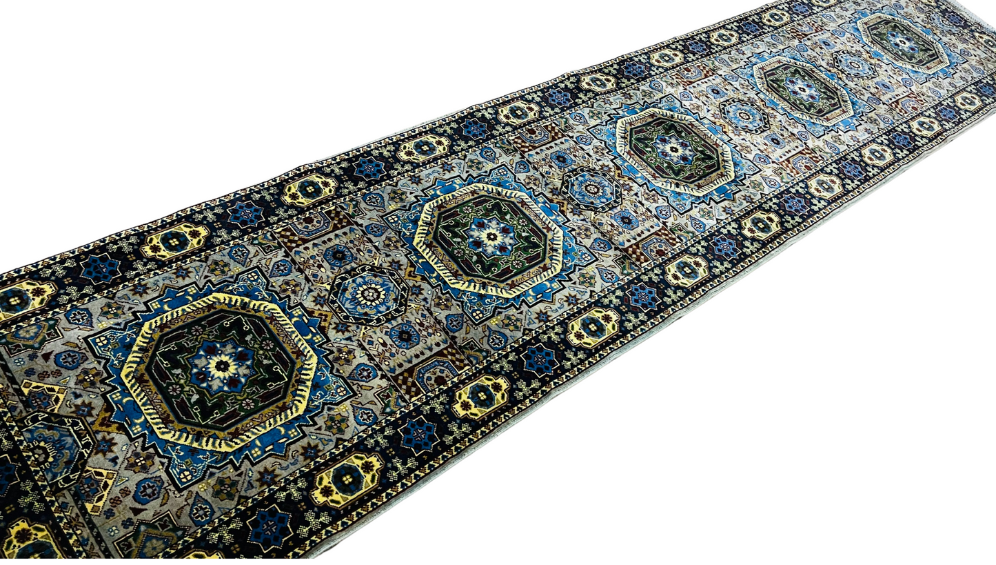 One of a Kind, Pure Wool, Naturally Dyed, Hand Knotted, Fine Afghan Tribal Mamluk Runner Rug – 12’ 10’’ x 2’ 8’’